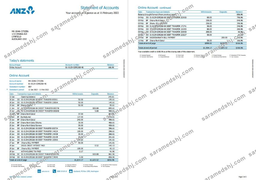 New Zealand ANZ bank statement version 2, 2 pages